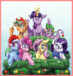 Size: 900x937 | Tagged: safe, artist:inuhoshi-to-darkpen, derpibooru import, applejack, fluttershy, pinkie pie, rainbow dash, rarity, spike, twilight sparkle, twilight sparkle (alicorn), alicorn, pony, candy cane, christmas, christmas tree, clothes, female, hat, hooves, mane seven, mane six, mare, mistletoe, ornament, red nose, reindeer antlers, santa hat, scarf, tree, unshorn fetlocks