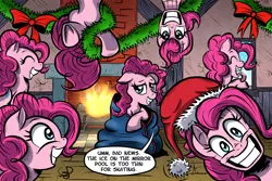 Size: 1500x1000 | Tagged: artist:gray--day, blanket, christmas, clone, derpibooru import, fun fun fun, hat, multeity, pinkie clone, pinkie pie, safe, santa hat, too many pinkie pies