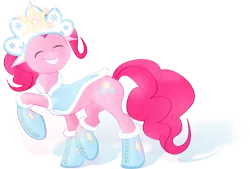 Size: 5689x3856 | Tagged: artist:nicolaykoriagin, boots, clothes, coat, crown, cute, eyes closed, grin, hat, hoof boots, jewelry, pinkie pie, raised hoof, raised leg, regalia, russian, safe, simple background, smiling, snegurochka, solo, sparkles, transparent background, winter, winter outfit