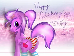 Size: 1280x970 | Tagged: suggestive, artist:skipsy, artist:vocalmaker, derpibooru import, oc, oc:sweet strokes, unofficial characters only, pegasus, pony, balls, blushing, clothes, crossdressing, frilly underwear, male, panties, plot, present, skipsy's birthday, solo, solo male, striped underwear, underwear