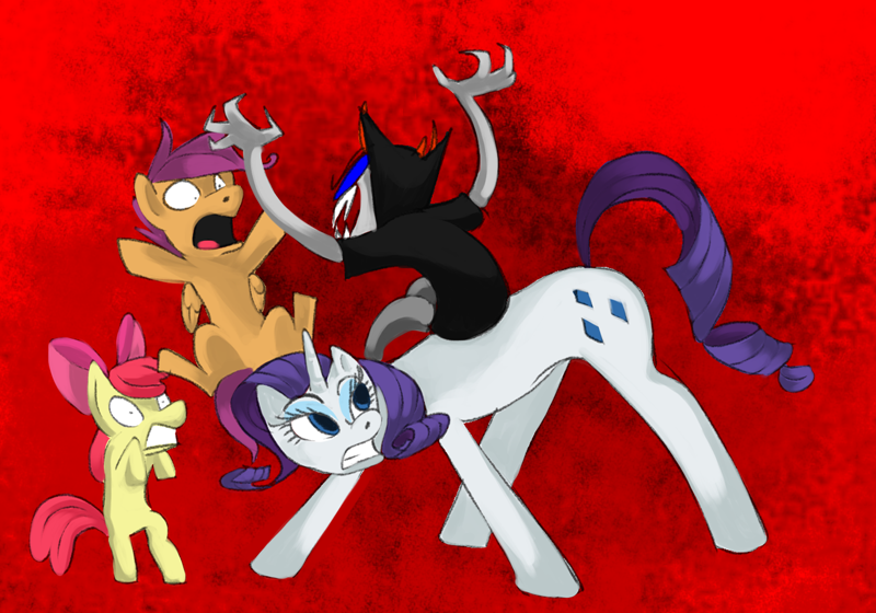 Size: 800x560 | Tagged: angry, apple bloom, artist:calamityjane, crossover, derpibooru import, homestuck, rarity, safe, scootaloo, sollux captor