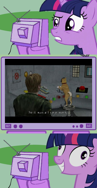 Size: 531x1024 | Tagged: derpibooru import, dog, exploitable meme, james sunderland, konami, meme, mira, obligatory pony, safe, silent hill, tv meme, twilight sparkle