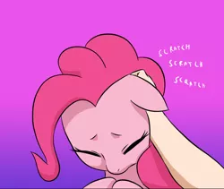 Size: 1024x864 | Tagged: artist:doublewbrothers, cropped, cute, derpibooru import, diapinkes, ear scratch, eyes closed, floppy ears, gradient background, human, offscreen character, offscreen human, pinkie pie, safe, scratching, solo focus