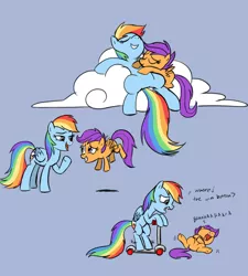 Size: 1480x1644 | Tagged: artist:thex-plotion, derpibooru import, laughing, rainbow dash, safe, scootaloo, scootalove, scooter