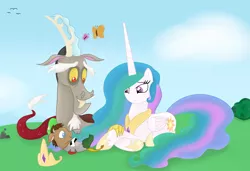 Size: 6354x4350 | Tagged: safe, artist:kaleysia, derpibooru import, discord, princess celestia, oc, chimera, hybrid, absurd resolution, dislestia, female, interspecies offspring, male, offspring, parent:discord, parent:princess celestia, parents:dislestia, shipping, straight