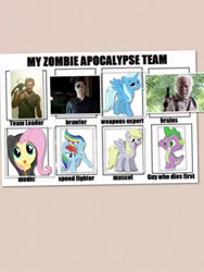 Size: 1200x1600 | Tagged: safe, derpibooru import, derpy hooves, fluttershy, rainbow dash, spike, trixie, alicorn, pony, meme, pic collage, race swap, the walking dead, trixiecorn