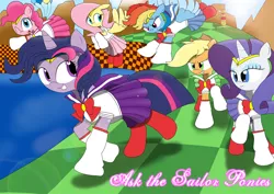 Size: 1920x1358 | Tagged: safe, artist:sailormod, derpibooru import, applejack, fluttershy, pinkie pie, rainbow dash, rarity, twilight sparkle, clothes, cosplay, costume, crossover, green hill zone, mane six, sailor generosity, sailor honesty, sailor kindness, sailor laughter, sailor loyalty, sailor magic, sailor ponies, sailor scout, sonic the hedgehog (series)