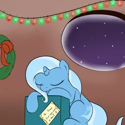 Size: 1000x1000 | Tagged: safe, artist:theparagon, derpibooru import, trixie, pony, unicorn, christmas, cute, female, implied shipping, lesbian, mare, present, shipping, sleeping, solo, trixieshy