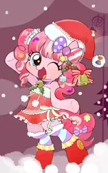Size: 1208x1920 | Tagged: alternate hairstyle, artist:momo, askharajukupinkiepie, bell, bipedal, bow, christmas, clothes, cute, diapinkes, dress, hair bow, hat, holiday, one eye closed, pigtails, pinkie pie, safe, santa hat, solo, wink