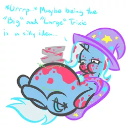 Size: 1280x1280 | Tagged: safe, artist:fatbelliedlyramod, artist:zeldafan777, derpibooru import, trixie, pony, unicorn, burp, chubby cheeks, dialogue, fat, female, mare, pie, simple background, solo, stomach noise, stuffed, the great and bountiful trixie, weight gain, what were you thinking, white background