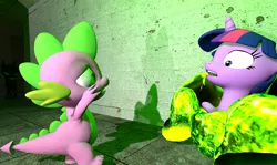 Size: 640x382 | Tagged: safe, derpibooru import, spike, twilight sparkle, changeling, dragon, goo, pony, unicorn, 3d, cocoon, female, gmod, green, hive, male, mare, rescue, slime
