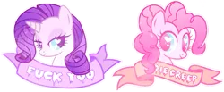 Size: 1015x417 | Tagged: artist:disfiguredstick, banner, bedroom eyes, bust, heart, heart eyes, looking at you, mouthpiece, old banner, pinkie pie, rarity, safe, simple background, smiling, subversive kawaii, transparent background, vulgar