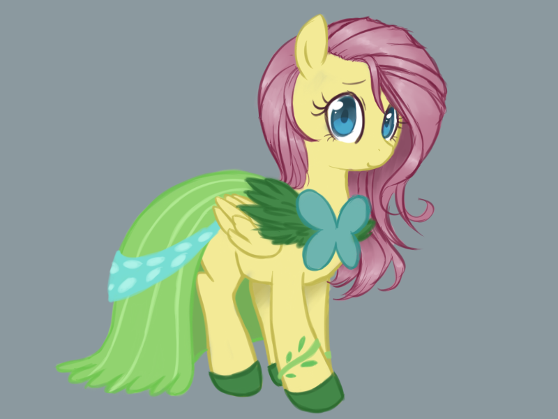 Size: 800x600 | Tagged: safe, artist:xarakayx, derpibooru import, fluttershy, pegasus, pony, ask flutterstalker, clothes, dress, female, flutterstalker, folded wings, gala dress, gray background, mare, simple background, solo, tumblr