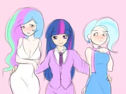 Size: 800x600 | Tagged: artist needed, blushing, breasts, busty princess celestia, cleavage, derpibooru import, female, human, humanized, lesbian, light skin, ot3, polyamory, princess celestia, safe, shipping, source needed, trixie, twilestia, twilight sparkle, twixie, twixlestia