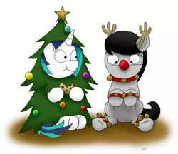 Size: 1916x1658 | Tagged: safe, artist:bobthedalek, derpibooru import, octavia melody, vinyl scratch, earth pony, pony, reindeer, unicorn, antlers, bauble, bells, christmas tree, clothes, cookie, costume, duo, eating, female, red nose, reindeer antlers, stars, tree, tree costume
