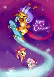Size: 700x994 | Tagged: antlers, apple bloom, artist:amy30535, christmas, clothes, costume, cutie mark crusaders, derpibooru import, hat, red nose, reindeer, rudolph, rudolph the red nosed reindeer, safe, santa hat, scootaloo, scooter, snow, snowfall, snowflake, sweetie belle, trail