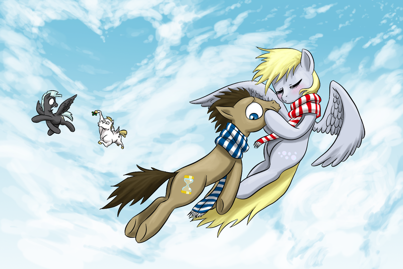 Size: 1500x1000 | Tagged: safe, artist:doublewbrothers, derpibooru import, bulk biceps, derpy hooves, doctor whooves, thunderlane, time turner, pegasus, pony, clothes, cute, doctorderpy, female, gay, male, mare, scarf, shipping, straight, thunder biceps, thunderflake