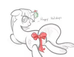 Size: 1200x932 | Tagged: artist:b-epon, blushing, bow, christmas, cute, dead source, derpibooru import, female, floppy ears, grayscale, holly, holly mistaken for mistletoe, looking at you, looking back, mistletoe horn, monochrome, partial color, plot, prone, quick draw, raised tail, sketch, smiling, solo, solo female, strategically covered, suggestive, tail bow, teasing, twilight sparkle