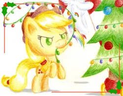 Size: 600x468 | Tagged: applejack, artist:flutterluv, christmas, christmas tree, derpibooru import, mouth hold, rearing, safe, solo, traditional art, tree