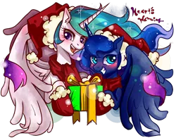 Size: 1400x1100 | Tagged: safe, artist:renokim, derpibooru import, princess celestia, princess luna, christmas, clothes, cute, cutelestia, hat, lunabetes, present, santa hat, scarf