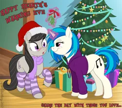 Size: 852x753 | Tagged: safe, artist:brianblackberry, derpibooru import, octavia melody, vinyl scratch, earth pony, pony, unicorn, blushing, bottomless, christmas, christmas tree, clothes, female, hat, hoodie, leg warmers, lesbian, looking at each other, magic, mare, mistletoe, open mouth, partial nudity, santa hat, scarf, scratchtavia, shipping, smiling, telekinesis, tree