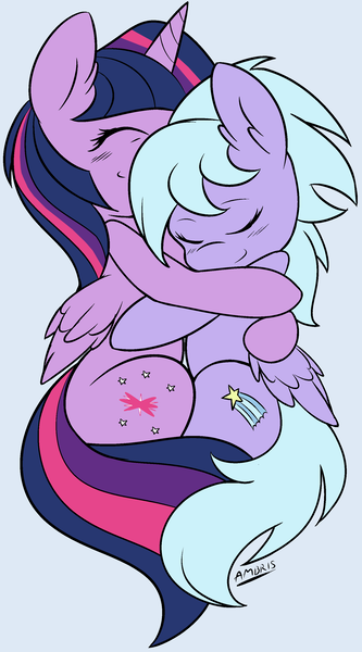 Size: 1699x3065 | Tagged: safe, artist:ambris, derpibooru import, cloudchaser, twilight sparkle, twilight sparkle (alicorn), alicorn, pony, crack shipping, cuddling, eyes closed, female, friendshipping, hug, lesbian, mare, shipping, smiling, snuggling, twichaser