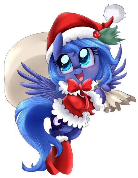 Size: 3101x3991 | Tagged: artist:pridark, blushing, boots, christmas, clothes, coat, colored pupils, cute, derpibooru import, filly, flying, hat, high res, hnnng, holly, hoof boots, hoof hold, looking up, lunabetes, open mouth, pridark is trying to murder us, princess luna, sack, safe, santa costume, santa hat, santa sack, santa woona, simple background, smiling, socks, solo, spread wings, transparent background, woona