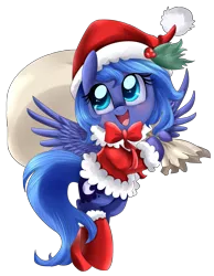 Size: 3101x3991 | Tagged: artist:pridark, blushing, boots, christmas, clothes, coat, colored pupils, cute, derpibooru import, filly, flying, hat, high res, hnnng, holly, hoof boots, hoof hold, looking up, lunabetes, open mouth, pridark is trying to murder us, princess luna, sack, safe, santa costume, santa hat, santa sack, santa woona, simple background, smiling, socks, solo, spread wings, transparent background, woona
