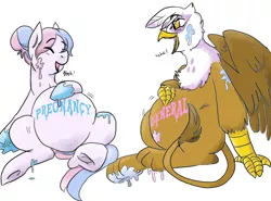 Size: 1766x1309 | Tagged: safe, artist:dolly, derpibooru import, gilda, oc, oc:bundle joy, gryphon, belly, laughing, /mlp/, pregnant, sticky