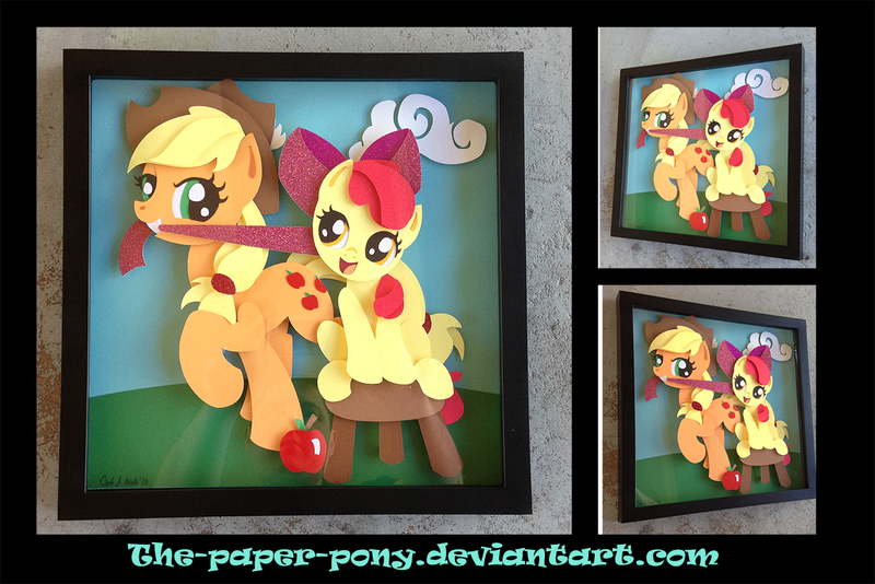 Size: 1280x855 | Tagged: safe, artist:the-paper-pony, derpibooru import, apple bloom, applejack, apple, cloud, cloudy, commission, mouth hold, photo, shadowbox, stool