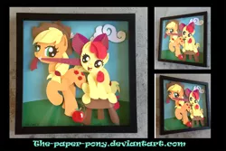 Size: 1280x855 | Tagged: safe, artist:the-paper-pony, derpibooru import, apple bloom, applejack, apple, cloud, cloudy, commission, mouth hold, photo, shadowbox, stool