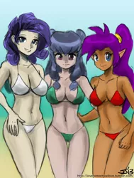 Size: 800x1060 | Tagged: artist:johnjoseco, artist:muh-arts, belly button, bikini, breasts, busty rarity, cleavage, clothes, colored, color edit, crossover, derpibooru import, edit, elf ears, female, females only, grin, human, humanized, light skin, looking at you, ranma 1/2, rarity, shampoo (ranma 1/2), shantae, smiling, suggestive, swimsuit