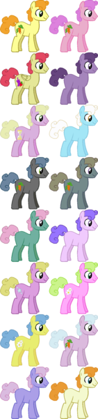 Size: 614x2605 | Tagged: safe, artist:starryoak, derpibooru import, bell perin, berry icicle, carrot top, daisy, flower wishes, golden harvest, lucky star (character), maroon carrot, mint swirl, serena, spring forward, strawberry sunrise, unnamed pony, earth pony, pegasus, pony, background pony, blue harvest, constelle, dark roots, licorice harvest, male, peppermint carrot, purple passion, romana, rule 63, simple background, solemn songs, stallion, transparent background