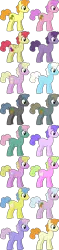 Size: 614x2605 | Tagged: safe, artist:starryoak, derpibooru import, bell perin, berry icicle, carrot top, daisy, flower wishes, golden harvest, lucky star (character), maroon carrot, mint swirl, serena, spring forward, strawberry sunrise, unnamed pony, earth pony, pegasus, pony, background pony, blue harvest, constelle, dark roots, licorice harvest, male, peppermint carrot, purple passion, romana, rule 63, simple background, solemn songs, stallion, transparent background