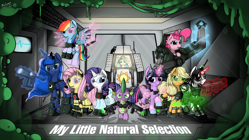 Size: 3000x1687 | Tagged: safe, artist:malamol, derpibooru import, applejack, fluttershy, pinkie pie, princess celestia, princess luna, rainbow dash, rarity, spike, twilight sparkle, twilight sparkle (alicorn), oc, alicorn, pony, crossover, female, glasses, hmd, mane six, mare, mass effect, natural selection, natural selection 2, no trigger discipline, tech armor