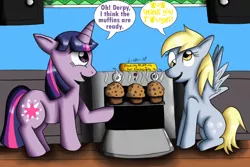 Size: 864x576 | Tagged: safe, artist:warped-dragonfly, derpibooru import, derpy hooves, twilight sparkle, pegasus, pony, unicorn, baking, female, food, mare, muffin, oven