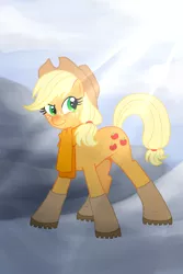 Size: 1000x1500 | Tagged: applejack, artist:white0canvas, boots, clothes, crepuscular rays, derpibooru import, safe, scarf, snow, solo, winter