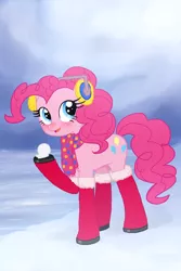 Size: 1000x1500 | Tagged: artist:white0canvas, boots, clothes, earmuffs, pinkie pie, safe, scarf, snow, snowball, solo, winter
