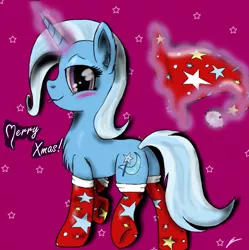 Size: 893x895 | Tagged: safe, artist:echoemerald, derpibooru import, trixie, pony, unicorn, chest fluff, christmas, clothes, female, mare, socks, solo