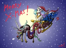 Size: 3507x2550 | Tagged: artist:kh0nan, christmas, derpibooru import, discord, hat, princess celestia, princess luna, rudolph, rudolph the red nosed reindeer, safe, santa hat, sleigh