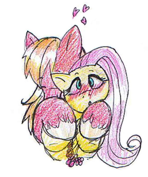 Size: 518x622 | Tagged: safe, artist:candyandbiffle, derpibooru import, big macintosh, fluttershy, earth pony, pony, blushing, fluttermac, heart, hug, male, shipping, stallion, straight, traditional art