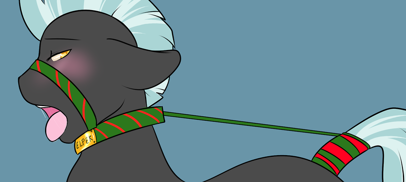 Size: 1280x576 | Tagged: questionable, artist:azure-doodle, derpibooru import, thunderlane, bondage, christmas, collar, cord, drool, floppy ears, leash, looking at you, male, open mouth, solo, solo male, tail wrap, tongue out