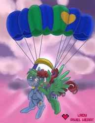 Size: 2975x3850 | Tagged: artist:ladypixelheart, blushing, couple, derpibooru import, flying, glasses, heart, oc, oc:software patch, oc:windcatcher, parachute, patch, safe, skydiving, unofficial characters only, windpatch