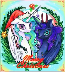 Size: 700x780 | Tagged: artist:mirululu, christmas, derpibooru import, hat, princess celestia, princess luna, safe, santa hat