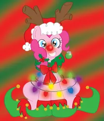 Size: 679x790 | Tagged: artist:schwarzekatze4, christmas lights, derpibooru import, hat, ornament, pinkie pie, reindeer antlers, safe, santa hat, solo