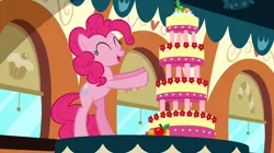 Size: 1050x590 | Tagged: safe, derpibooru import, screencap, pinkie pie, earth pony, pony, mmmystery on the friendship express, cake, eyes closed, female, food, mare, marzipan mascarpone meringue madness, solo