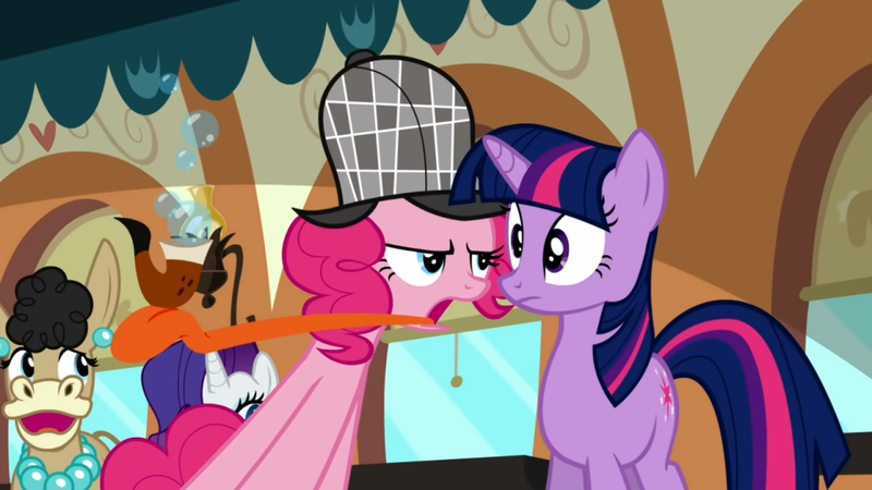 Size: 1050x590 | Tagged: safe, derpibooru import, screencap, mulia mild, pinkie pie, twilight sparkle, donkey, earth pony, hybrid, mule, pony, unicorn, mmmystery on the friendship express, bubble pipe, deerstalker, ear piercing, earring, female, hat, jewelry, mare, necklace, open mouth, pearl necklace, piercing, unicorn twilight