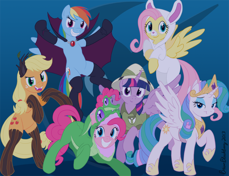 Size: 941x725 | Tagged: safe, artist:brianblackberry, derpibooru import, applejack, fluttershy, gummy, pinkie pie, rainbow dash, rarity, twilight sparkle, twilight sparkle (alicorn), alicorn, pony, alicornified, catsuit, clothes, costume, fake wings, mane six, nightmare night, nightmare night costume, race swap, raricorn, role reversal