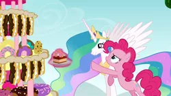 Size: 1366x768 | Tagged: safe, derpibooru import, screencap, pinkie pie, princess celestia, alicorn, earth pony, pony, mmmystery on the friendship express, bipedal, bipedal leaning, cake, cakelestia, cute, cutelestia, donut, duo, duo female, eclair, eyes on the prize, female, food, frown, good end, grin, leaning, levitation, magic, mare, marzipan mascarpone meringue madness, plate, reaching, smiling, spread wings, telekinesis, wings