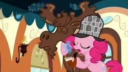 Size: 1050x590 | Tagged: safe, derpibooru import, screencap, pinkie pie, earth pony, pony, mmmystery on the friendship express, bubble pipe, deerstalker, eyes closed, female, hat, mare, mousse moose, solo